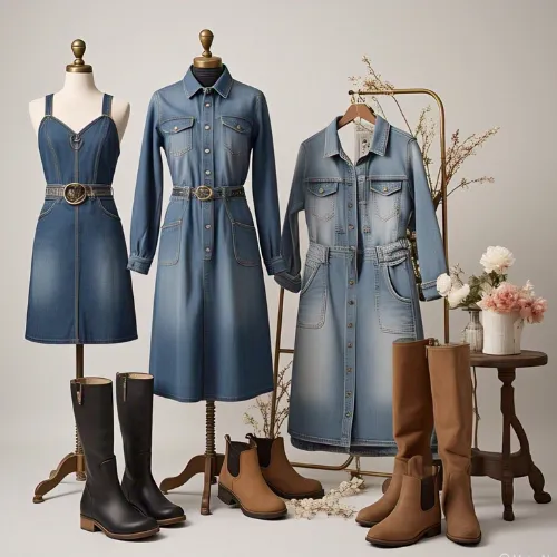 display of Denim Dresses with boots