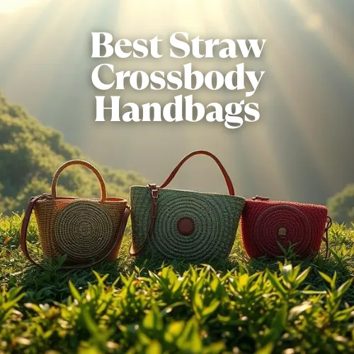 3 crossbody straw handbags on grass 
